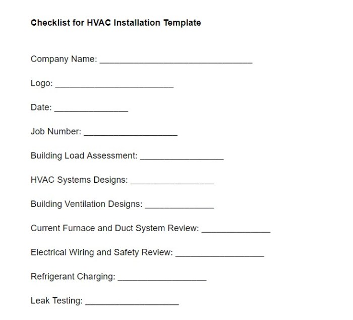 Checklist for HVAC Installation Template (Free Download)